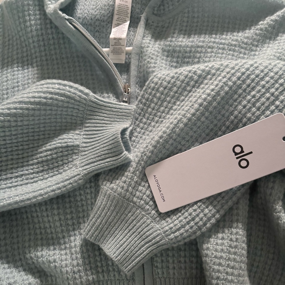 ALO Cashmere Plus Waffle Full Zip Hoodie - Crystal Blue NWT